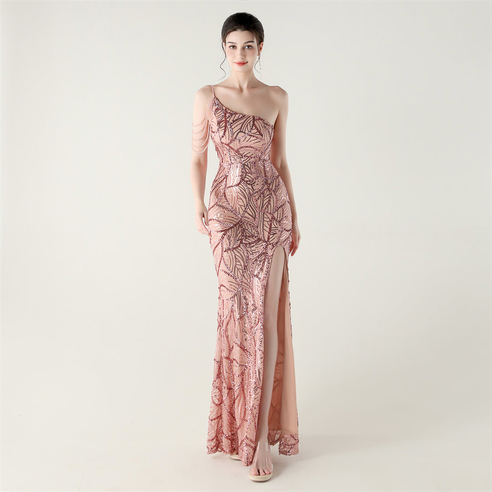 2025 One-Shoulder Sequin Gown with Crystal Chain Embroidery