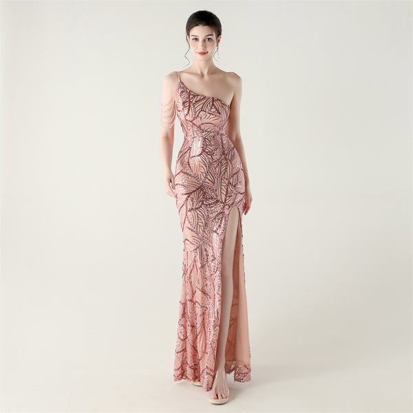 2025 One-Shoulder Sequin Gown with Crystal Chain Embroidery