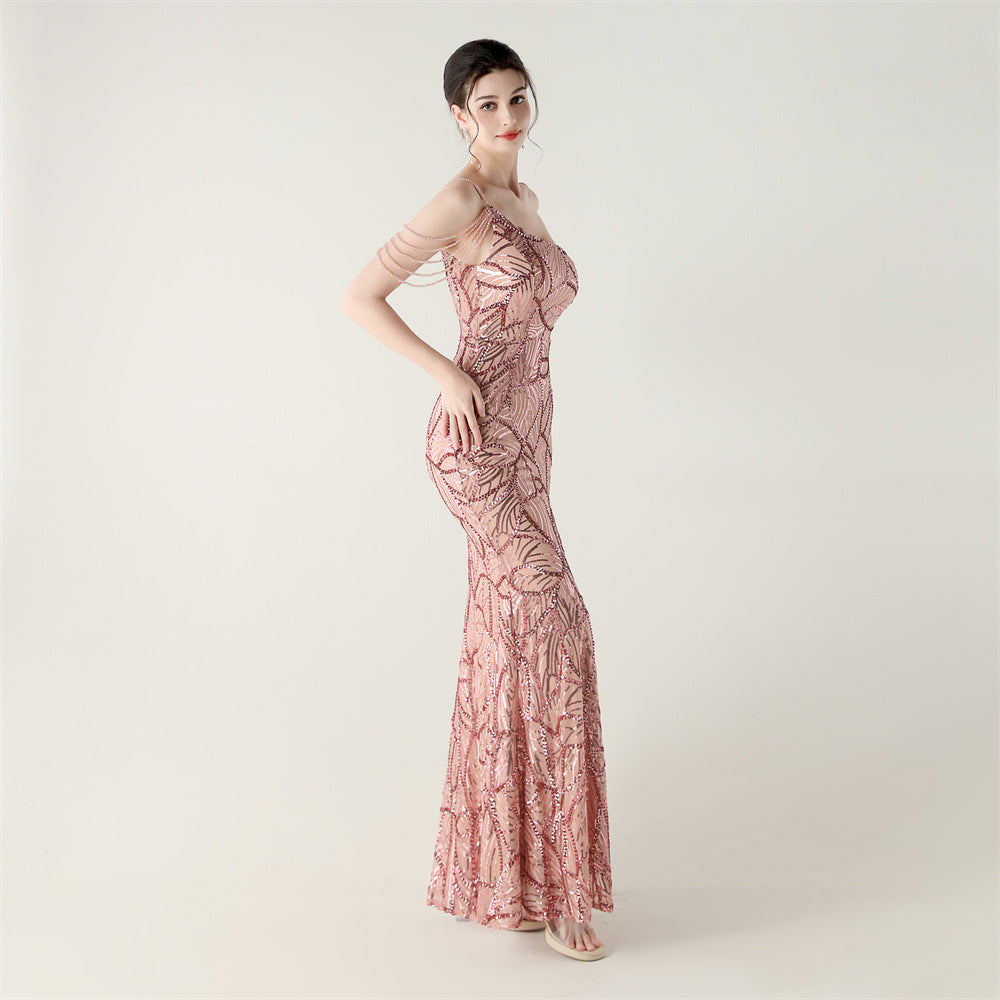 2025 One-Shoulder Sequin Gown with Crystal Chain Embroidery