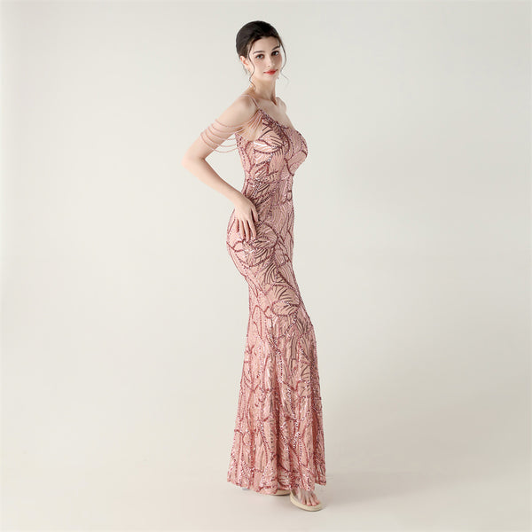 2025 One-Shoulder Sequin Gown with Crystal Chain Embroidery