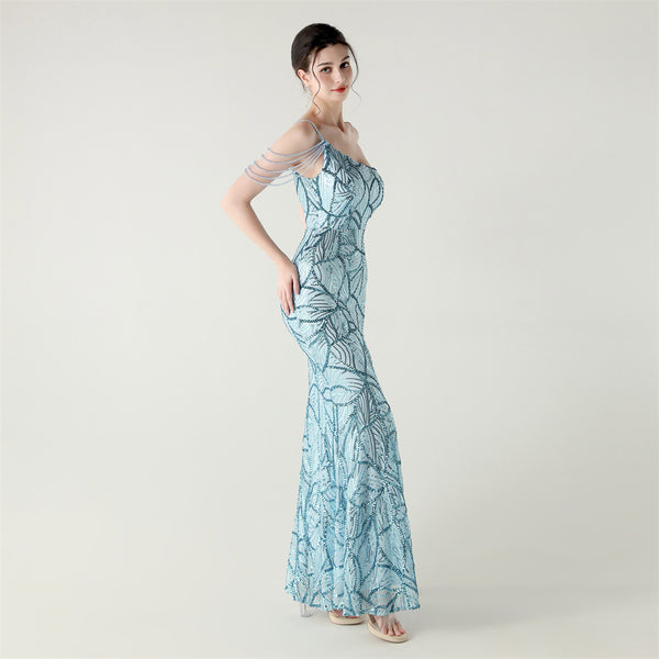 2025 One-Shoulder Sequin Gown with Crystal Chain Embroidery