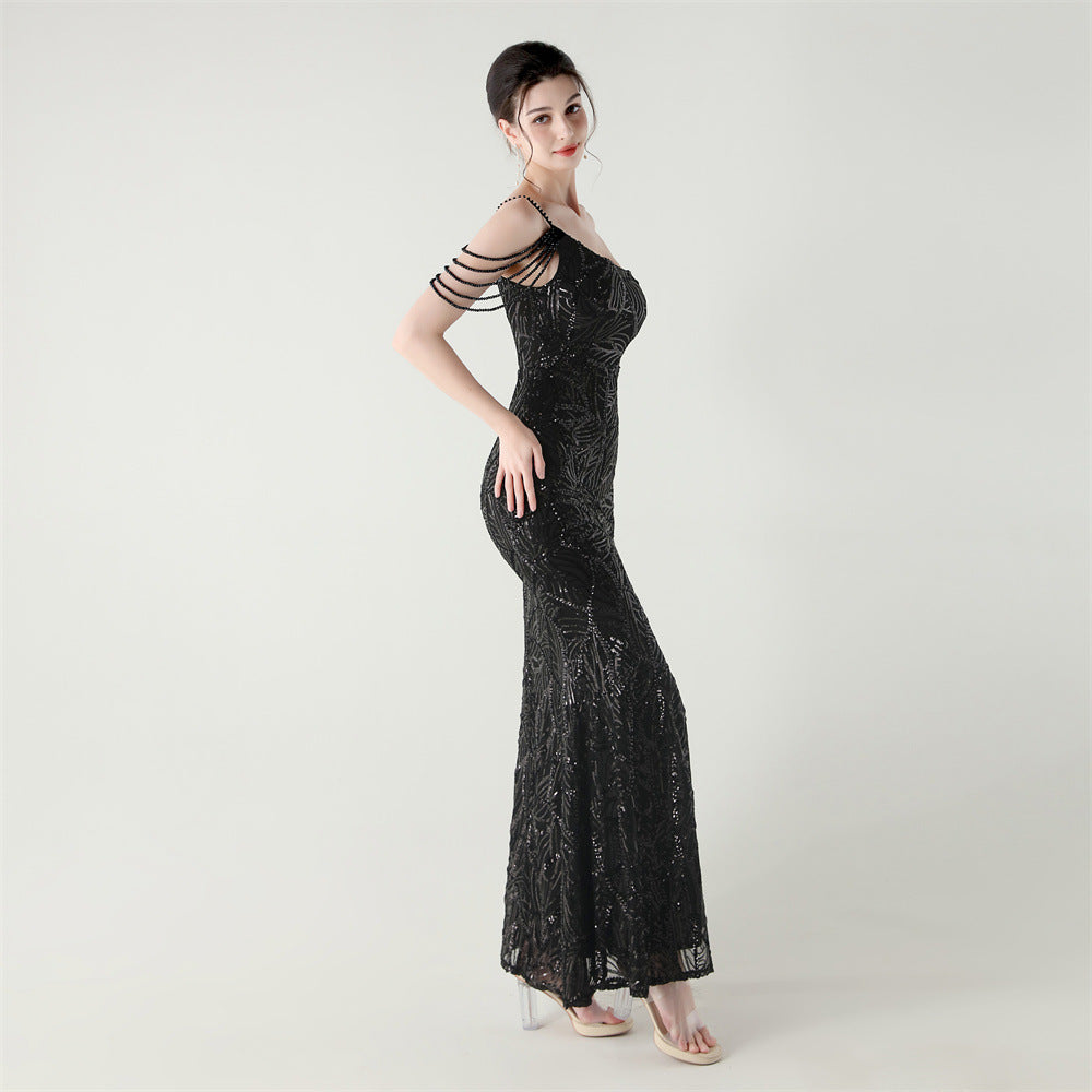2025 One-Shoulder Sequin Gown with Crystal Chain Embroidery
