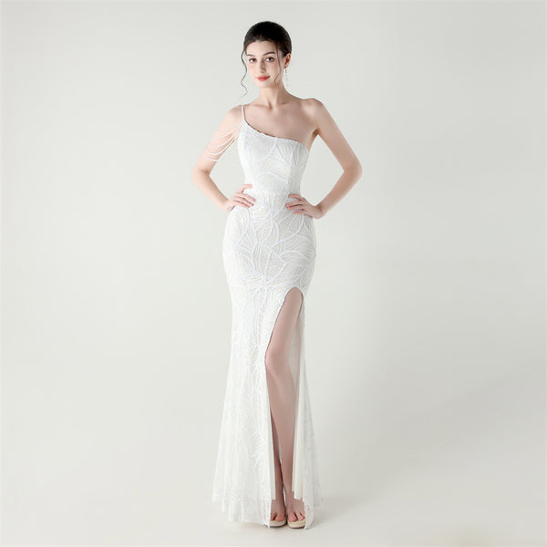 2025 One-Shoulder Sequin Gown with Crystal Chain Embroidery