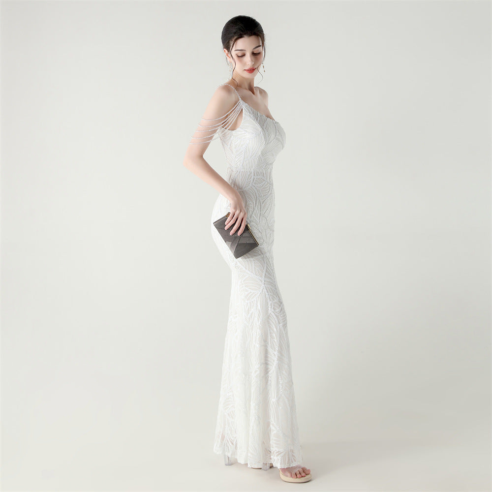 2025 One-Shoulder Sequin Gown with Crystal Chain Embroidery