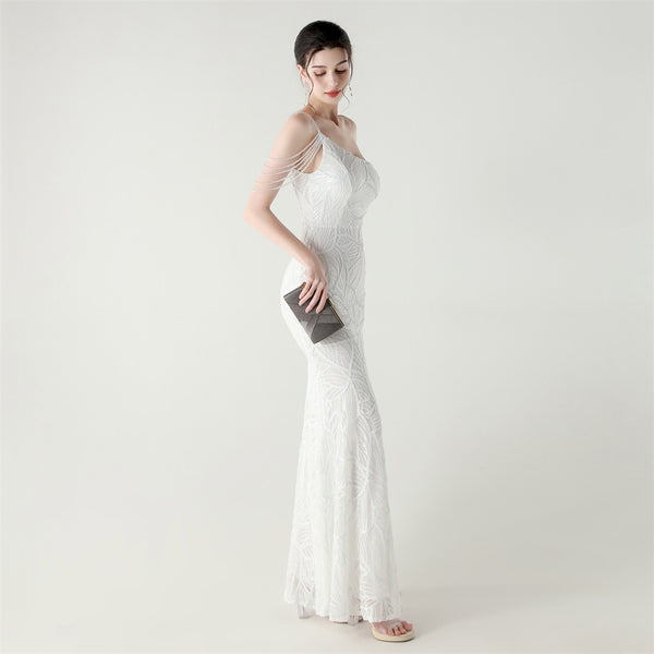 2025 One-Shoulder Sequin Gown with Crystal Chain Embroidery