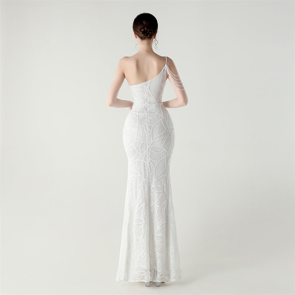 2025 One-Shoulder Sequin Gown with Crystal Chain Embroidery