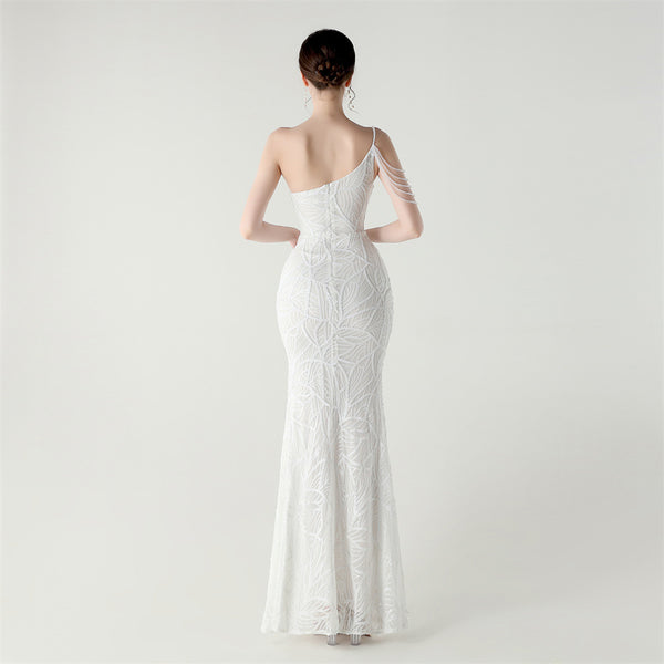 2025 One-Shoulder Sequin Gown with Crystal Chain Embroidery