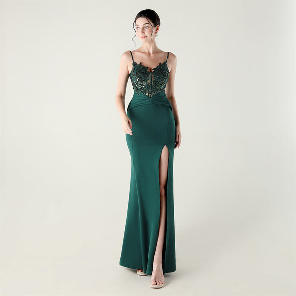 Off-the-Shoulder Satin Gown with Corset, Pleating & Beaded Appliqu¨¦