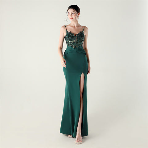 Off-the-Shoulder Satin Gown with Corset, Pleating & Beaded Appliqu¨¦