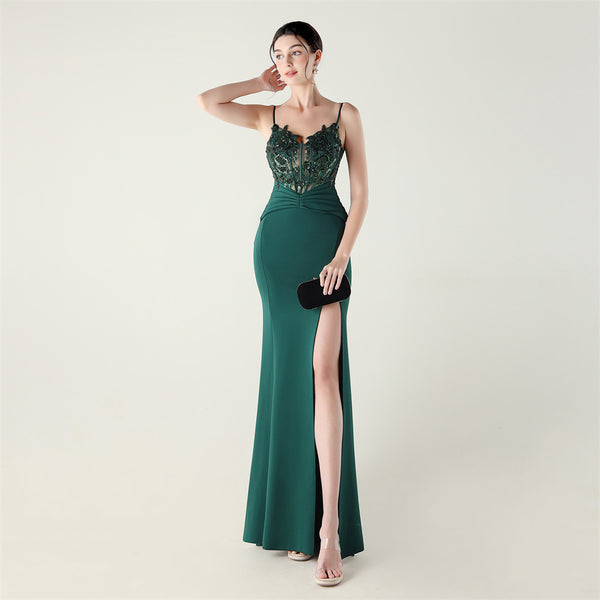 Off-the-Shoulder Satin Gown with Corset, Pleating & Beaded Appliqu¨¦
