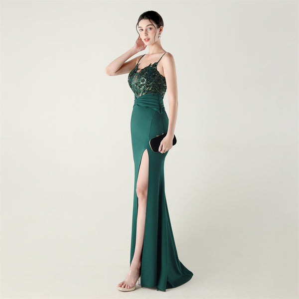 Off-the-Shoulder Satin Gown with Corset, Pleating & Beaded Appliqu¨¦