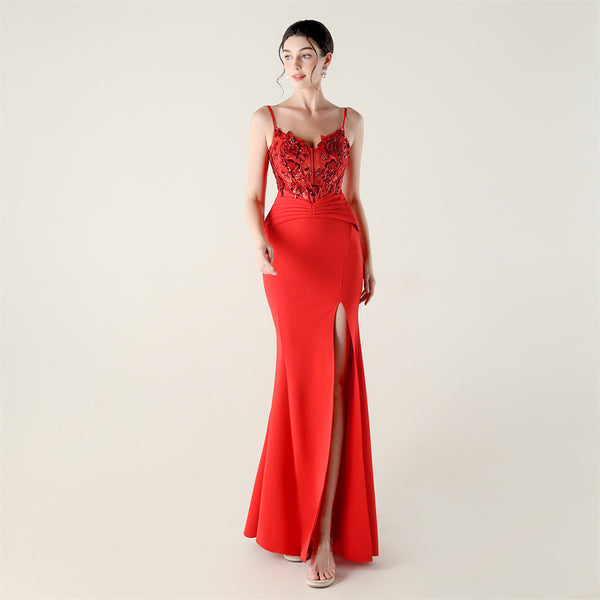 Off-the-Shoulder Satin Gown with Corset, Pleating & Beaded Appliqu¨¦