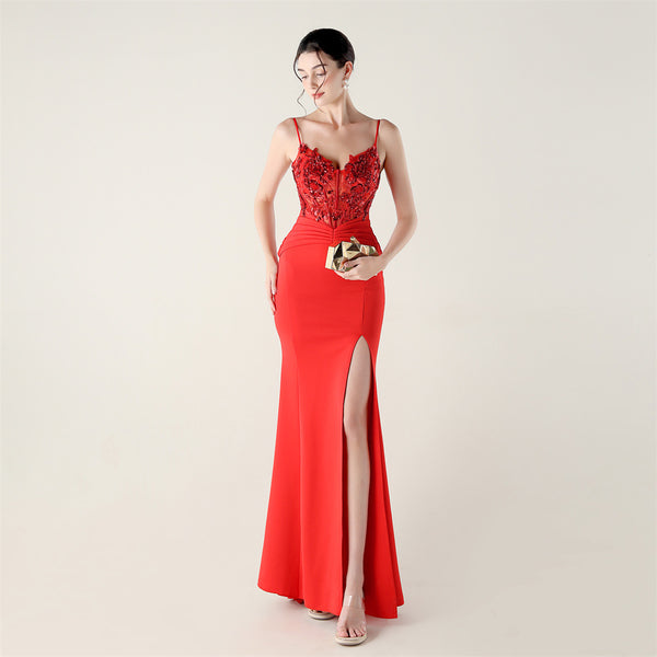Off-the-Shoulder Satin Gown with Corset, Pleating & Beaded Appliqu¨¦