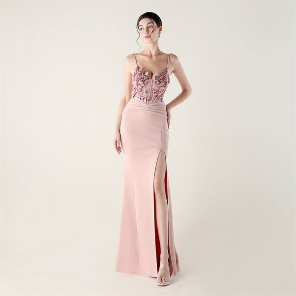 Off-the-Shoulder Satin Gown with Corset, Pleating & Beaded Appliqu¨¦