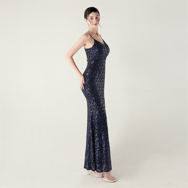 High-Slit Slip Dress with Spaghetti Straps, Beaded Piping & Lacing