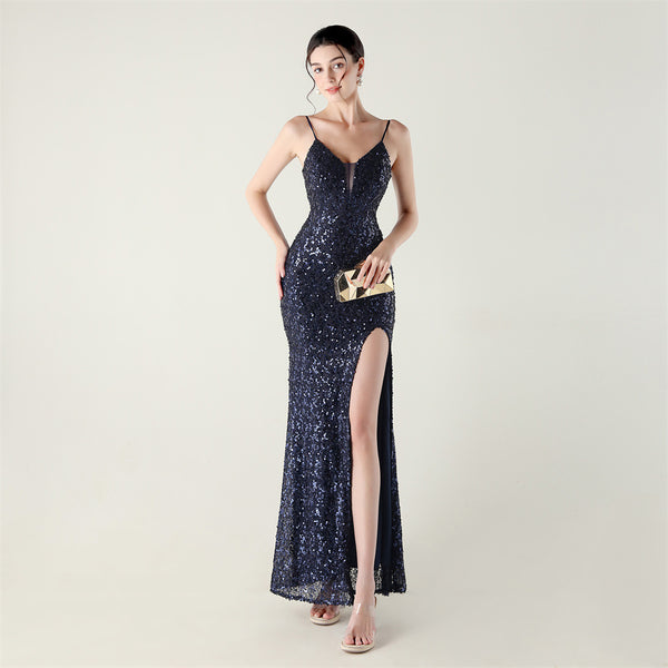High-Slit Slip Dress with Spaghetti Straps, Beaded Piping & Lacing