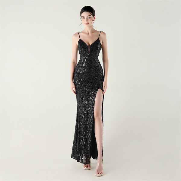 High-Slit Slip Dress with Spaghetti Straps, Beaded Piping & Lacing