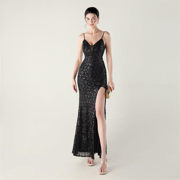 High-Slit Slip Dress with Spaghetti Straps, Beaded Piping & Lacing