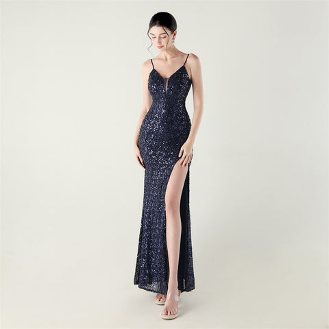 High-Slit Slip Dress with Spaghetti Straps, Beaded Piping & Lacing