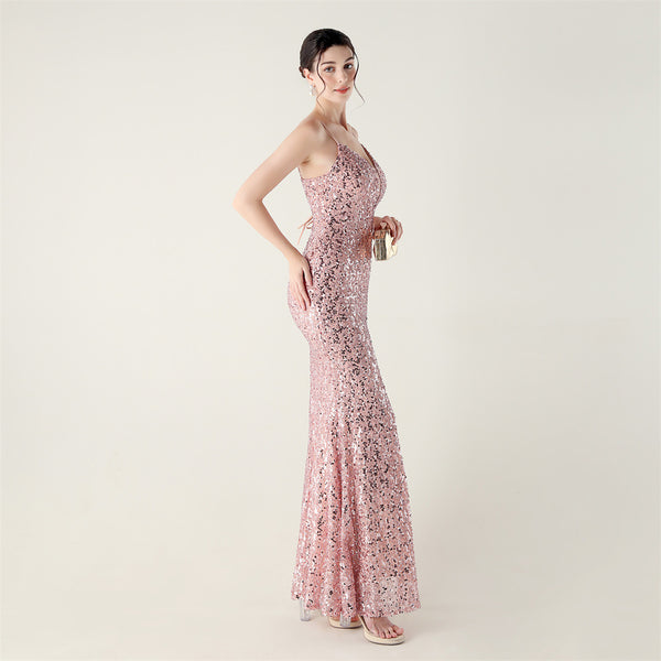 High-Slit Slip Dress with Spaghetti Straps, Beaded Piping & Lacing