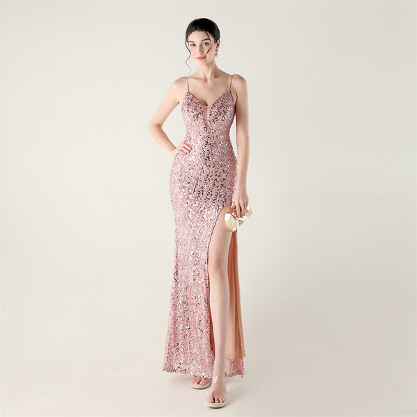 High-Slit Slip Dress with Spaghetti Straps, Beaded Piping & Lacing