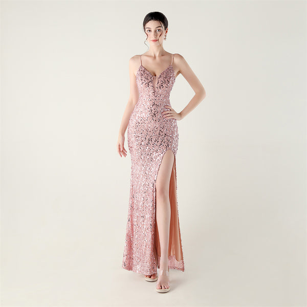 High-Slit Slip Dress with Spaghetti Straps, Beaded Piping & Lacing