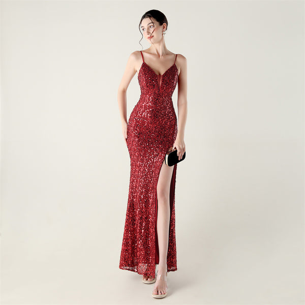 High-Slit Slip Dress with Spaghetti Straps, Beaded Piping & Lacing