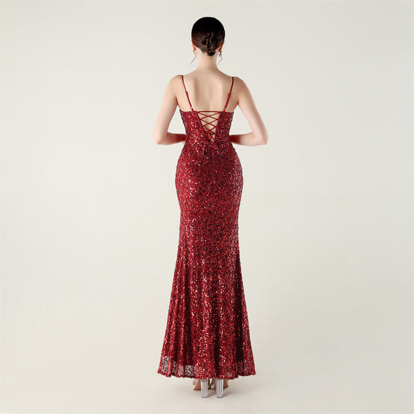 High-Slit Slip Dress with Spaghetti Straps, Beaded Piping & Lacing