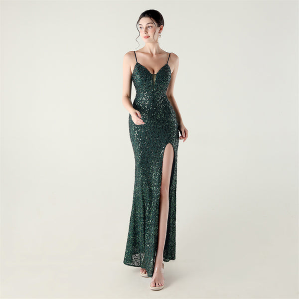 High-Slit Slip Dress with Spaghetti Straps, Beaded Piping & Lacing