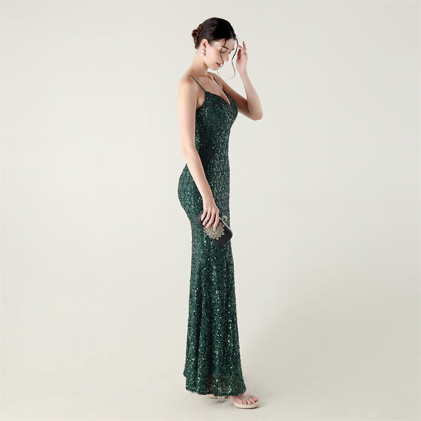 High-Slit Slip Dress with Spaghetti Straps, Beaded Piping & Lacing