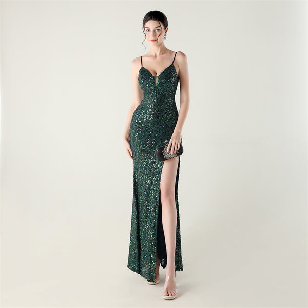 High-Slit Slip Dress with Spaghetti Straps, Beaded Piping & Lacing