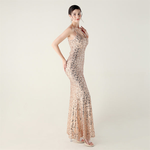 High-Slit Slip Dress with Spaghetti Straps, Beaded Piping & Lacing