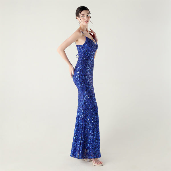 High-Slit Slip Dress with Spaghetti Straps, Beaded Piping & Lacing