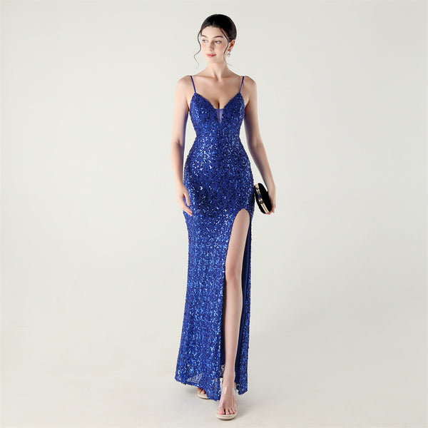 High-Slit Slip Dress with Spaghetti Straps, Beaded Piping & Lacing