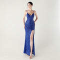 High-Slit Slip Dress with Spaghetti Straps, Beaded Piping & Lacing