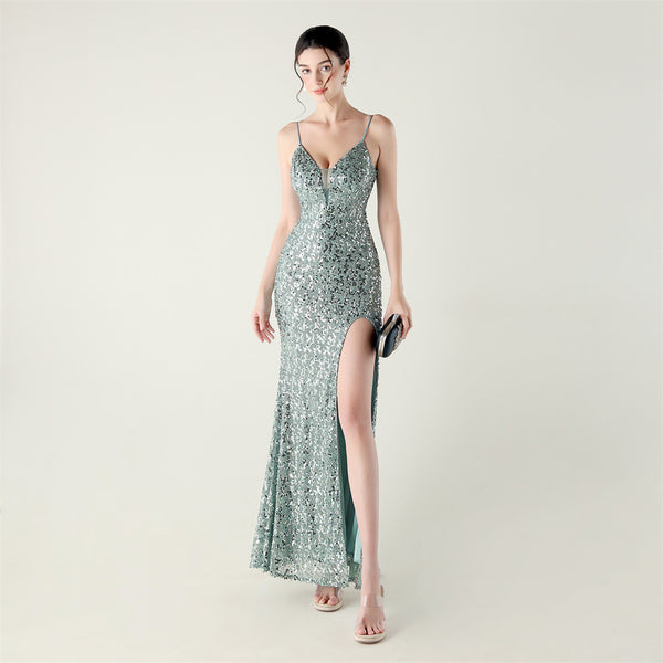 High-Slit Slip Dress with Spaghetti Straps, Beaded Piping & Lacing