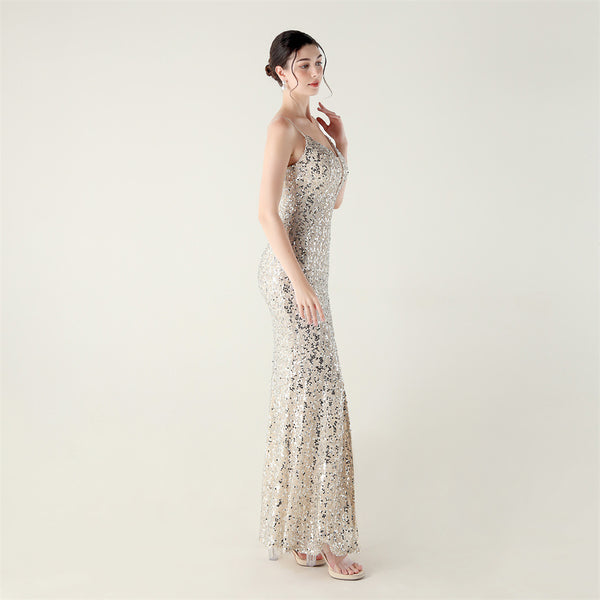 High-Slit Slip Dress with Spaghetti Straps, Beaded Piping & Lacing