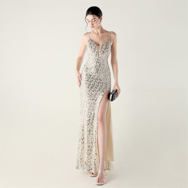High-Slit Slip Dress with Spaghetti Straps, Beaded Piping & Lacing