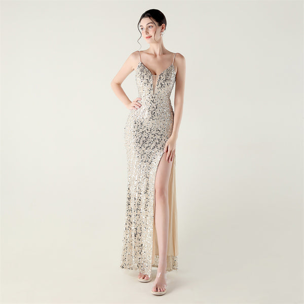 High-Slit Slip Dress with Spaghetti Straps, Beaded Piping & Lacing
