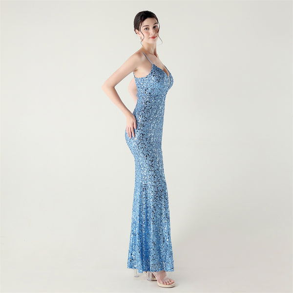 High-Slit Slip Dress with Spaghetti Straps, Beaded Piping & Lacing