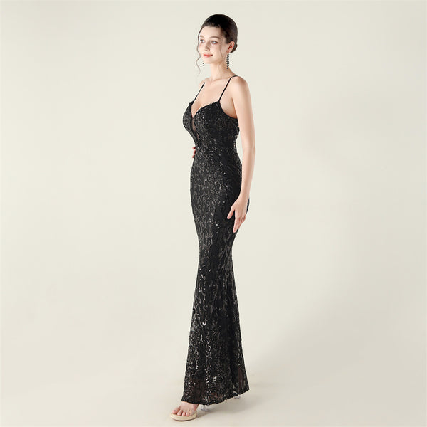 Deep V Neckline Gown with Bustier Lacing, Beading & Sequins
