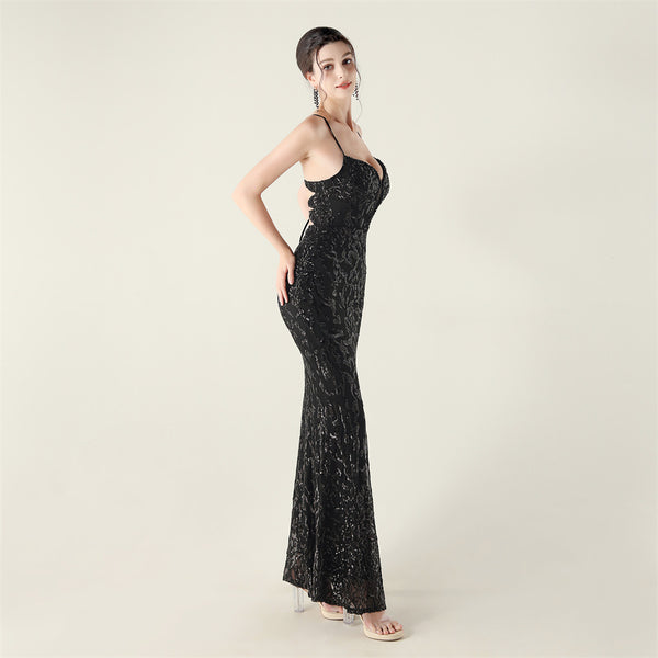 Deep V Neckline Gown with Bustier Lacing, Beading & Sequins