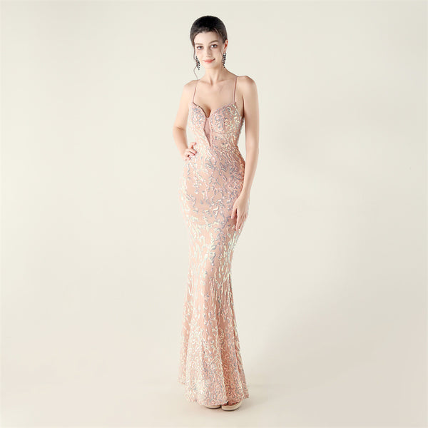 Deep V Neckline Gown with Bustier Lacing, Beading & Sequins