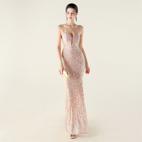 Deep V Neckline Gown with Bustier Lacing, Beading & Sequins