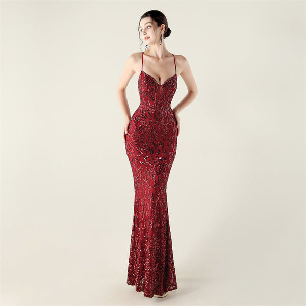 Deep V Neckline Gown with Bustier Lacing, Beading & Sequins