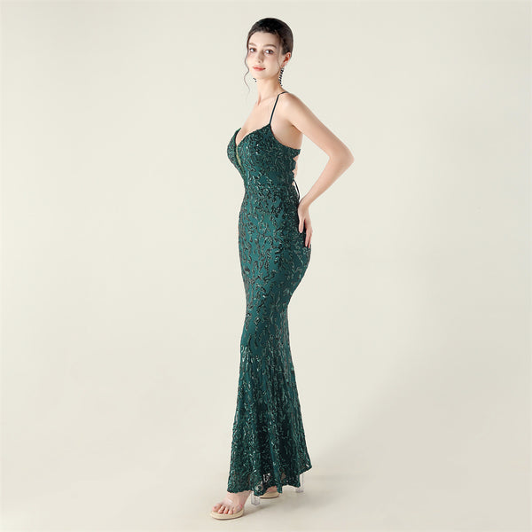 Deep V Neckline Gown with Bustier Lacing, Beading & Sequins