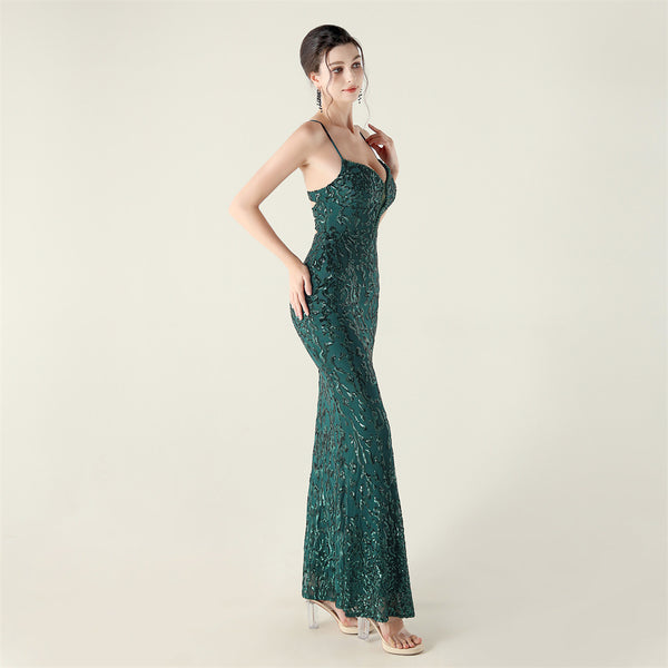 Deep V Neckline Gown with Bustier Lacing, Beading & Sequins