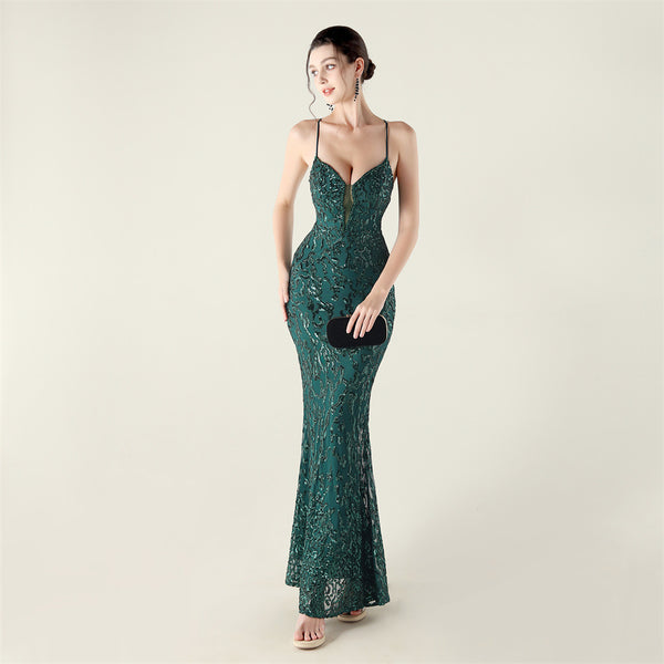 Deep V Neckline Gown with Bustier Lacing, Beading & Sequins