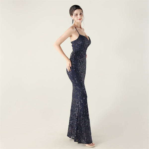 Deep V Neckline Gown with Bustier Lacing, Beading & Sequins
