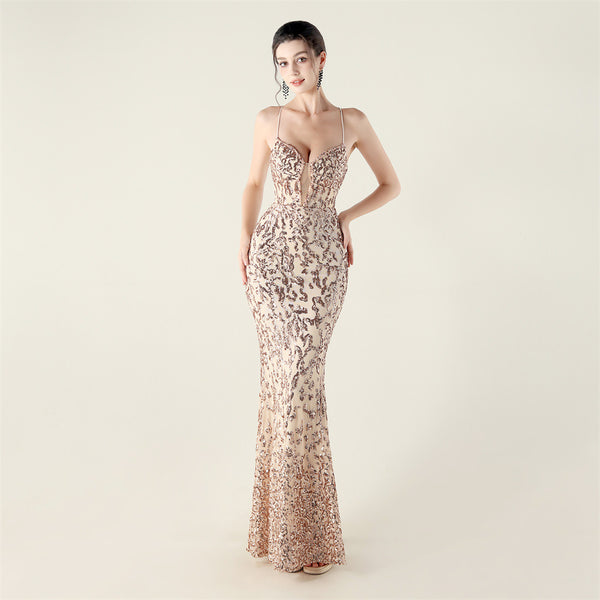 Deep V Neckline Gown with Bustier Lacing, Beading & Sequins